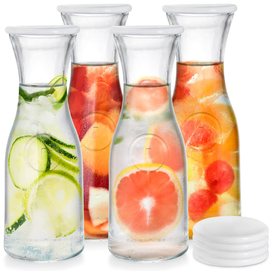 Lawei 4 Stück Wasserkaraffe Glas Wasserkrug 1Liter Wasserflasche Saftkaraffe Glas Glaskaraffen mit Deckel für Wasser Entsaft Eistee Getränke Wein