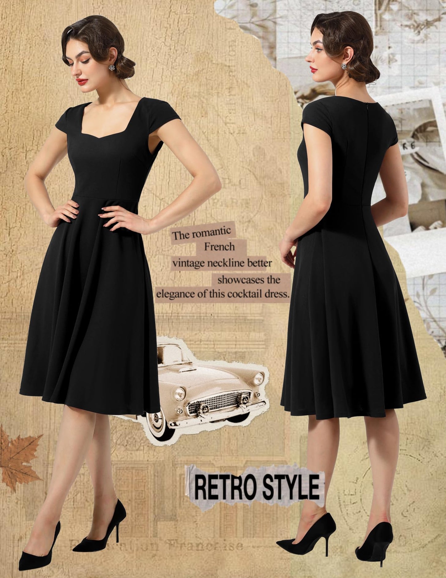 Berylove Rockabilly Kleider Cocktail Kleider für Damen Schwarzes Kleid Elegant Abendkleider Midi 8009 Black M