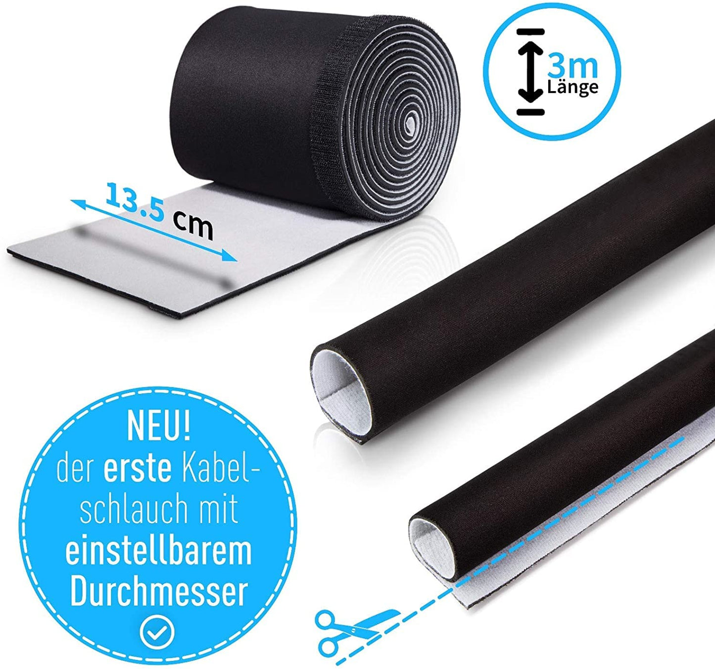 Wertmann Neopren Kabelschlauch [3m] für TV oder PC Kabelmanagement Schreibtisch - Einstellbarer Durchmesser - als Flexibler Kabelkanal Schreibtisch oder als Kabelschutz Katze in schwarz oder weiß