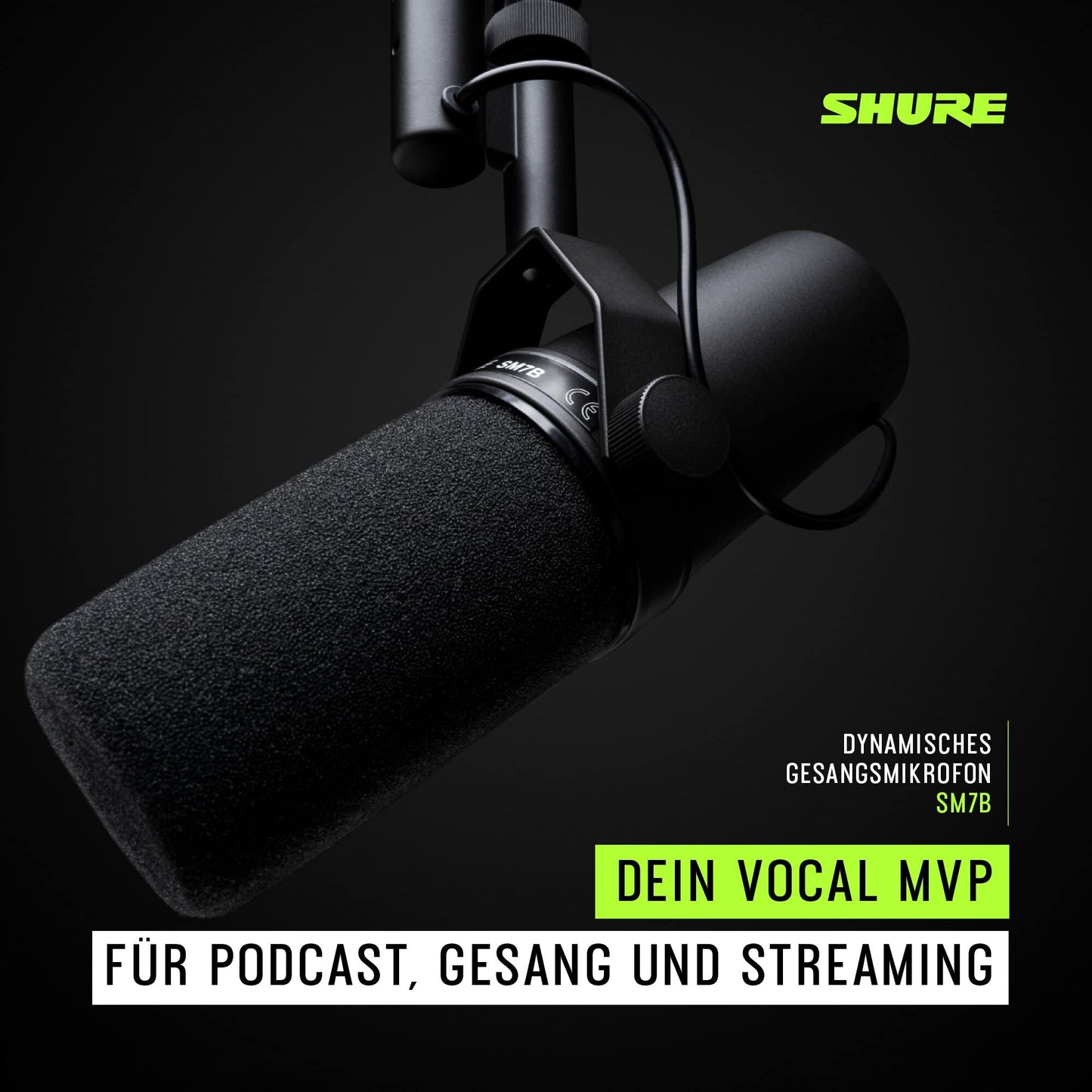 Shure SM7B Dynamisches Gesangsmikrofon für Rundfunk, Podcast und Aufnahmen, XLR-Studiomikrofon für Musik und Sprache, breiter Frequenzbereich, Warmer und weicher Klang - Schwarz