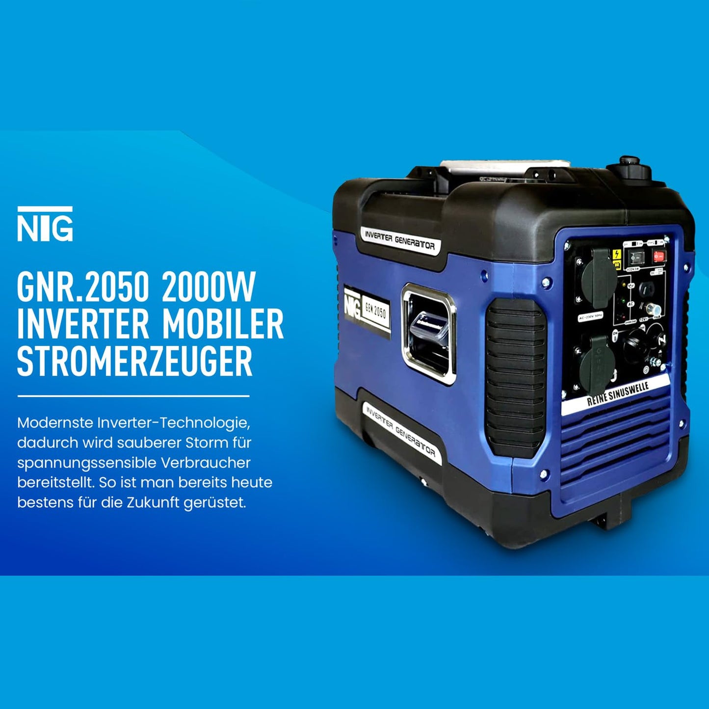 Inverter Stromerzeuger GNR.2050 | leise nur 59 dB(A) | 4l Tankvolumen l 4-Takt Motor l Benzin l mit Tragegriff l Ölsensor & Eco-Modus l Strom Generator l Notstromaggregat l Stromaggregat