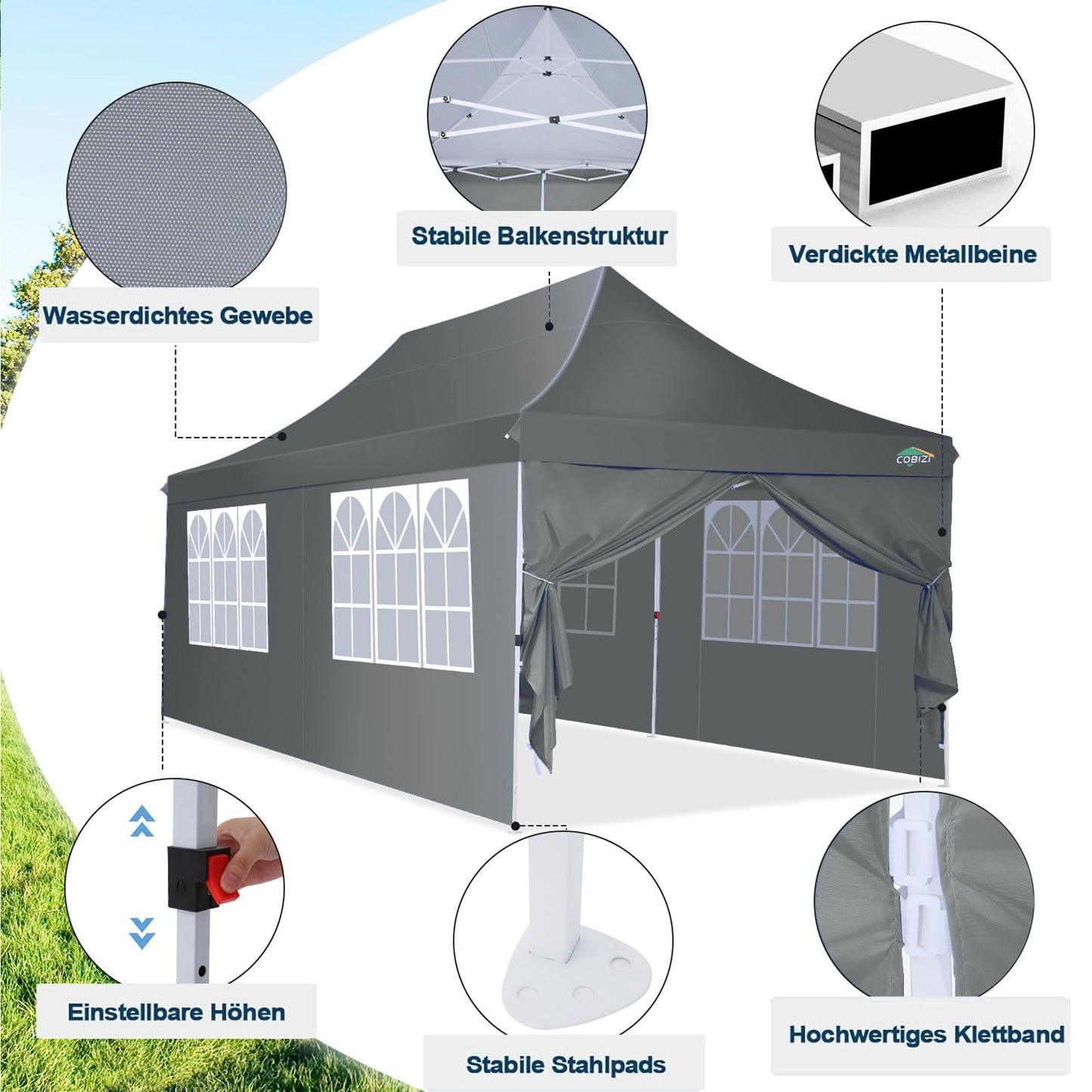 COBIZI Faltpavillon 3X6m Wasserdicht Stabil Pavillon 3x6m, Partyzelt Faltbar Anti-UV mit 6 Seitenwänden, Gartenpavillon für Hochzeiten, Freien, Garten