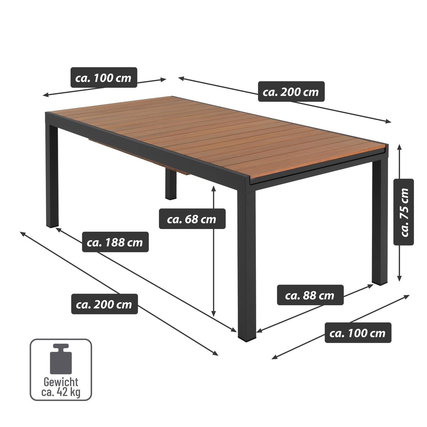 Nexos Trading Ausziehbarer Tisch eckig Küchentisch Esszimmer-Tisch Terrassen-Tisch Holz Alu 200/300x100x75cm Gartentisch Holz-Tisch Auszieh-Tisch