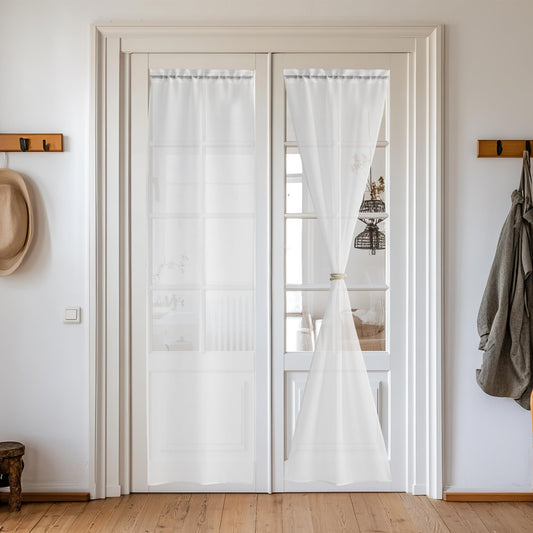 PONY DANCE Französischer Türvorhang Leinenoptik Gardienen 2-Set B 60 x H 240 cm Scheibengardine Tür Transparent Weiße Balkontür Vorhang mit Stangedurchzug Dekoration