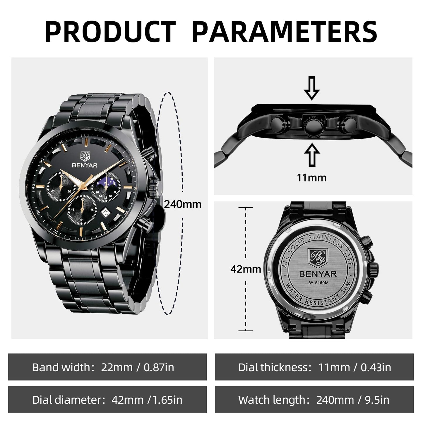 BY BENYAR Uhren Herren Edelstahl Armbanduhr Herren Chronograph Analog Quarz Wasserdicht Herrenuhr Leuchtende Datum Mode Lässig Business-Kleid Uhren Elegantes Geschenk fur Männer