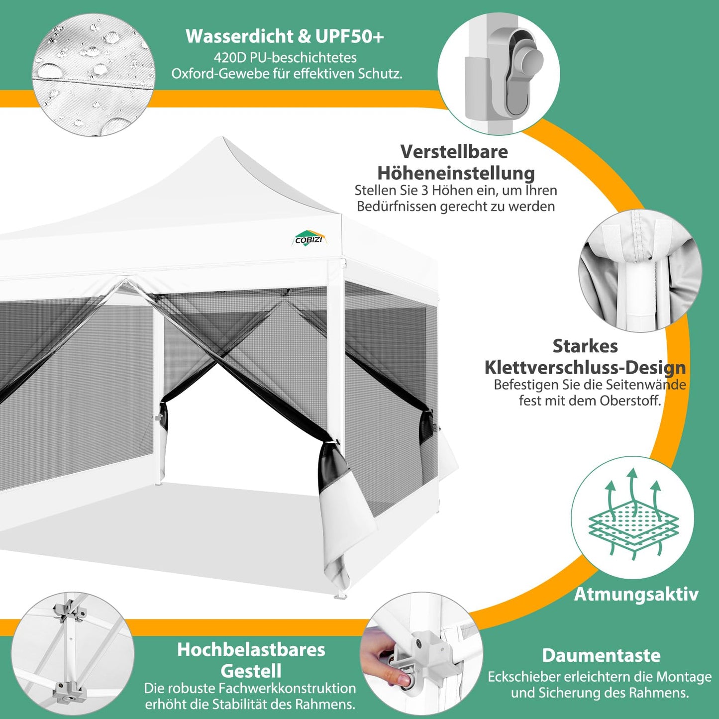 COBIZI Pavillon 3x3 Faltpavillon 3x3 Wasserdicht Stabil, Pop up Pavillon Faltbar, Partyzelt Gartenpavillon, Pavillion Klappbar 3x3 UV-Schutz mit 4 Seitenwänden aus Mesh, Weiß