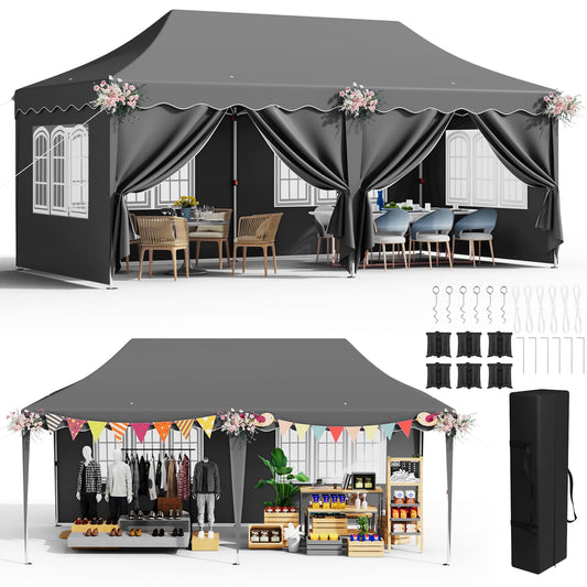 Pavillon 3x6 mit 6 Seitenwänden, Faltpavillon 3x6 Wasserdicht Stabil Winterfest, Faltbar Partyzelt 3x6,UV Schutz 50+ Gartenpavillon,6 Sandsäcke 12 Erdhaken,für Markt,Hochzeiten,Patio (Grau)