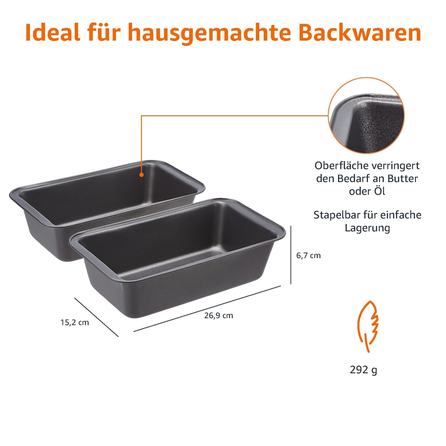 Amazon Basics Rechteckig Brotbackform, 2er-Pack, antihaftbeschichtet, Karbonstahl, Grau, 27x15x7 cm