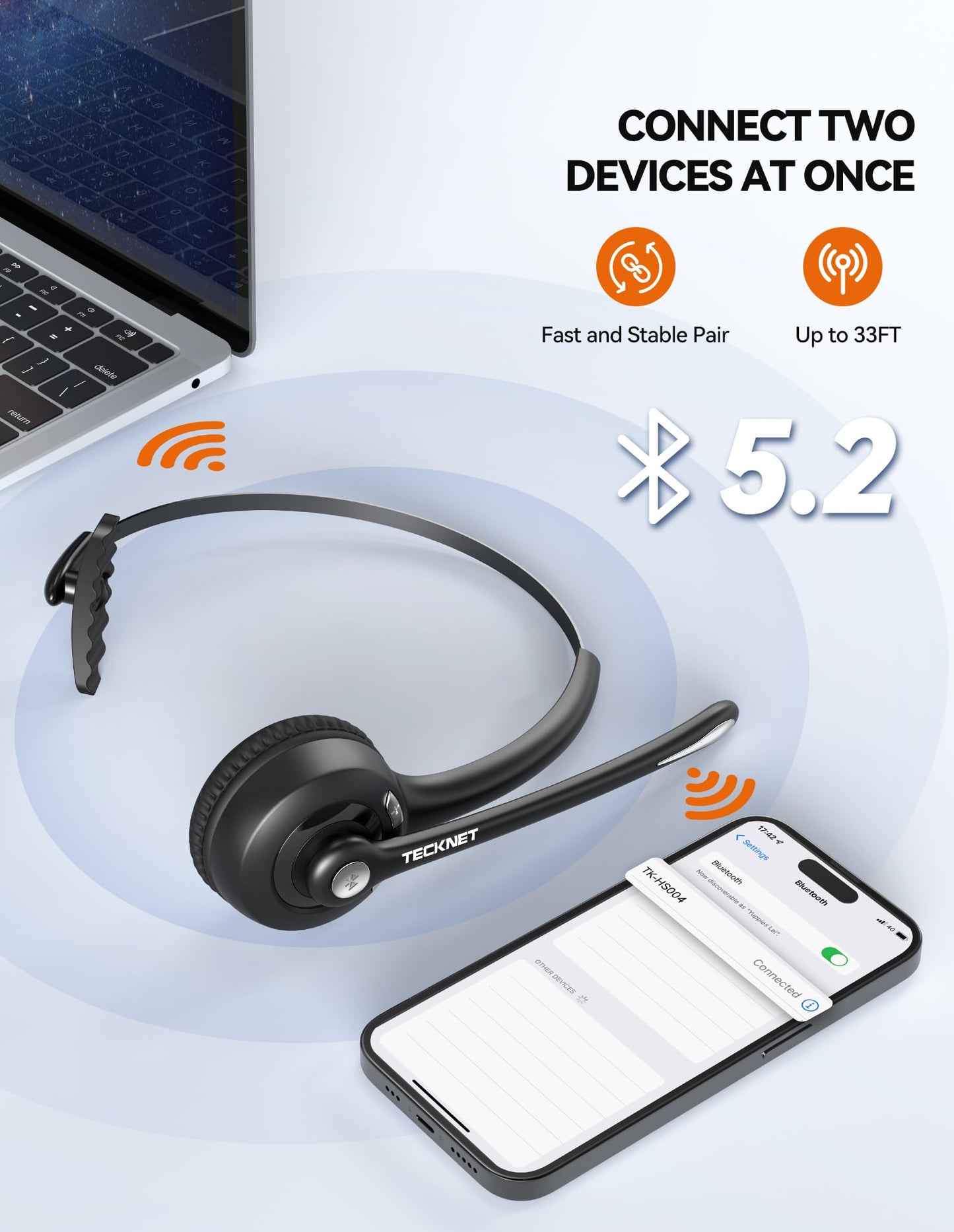 TECKNET Bluetooth Headset mit Mikrofon & USB Dongle, kabelloses PC Headset, Rauschunterdrückung und Freisprechen Chat Headset für Computer, Callcenter, Telefonkonferenzen, Super Leicht, Ultra Komfort