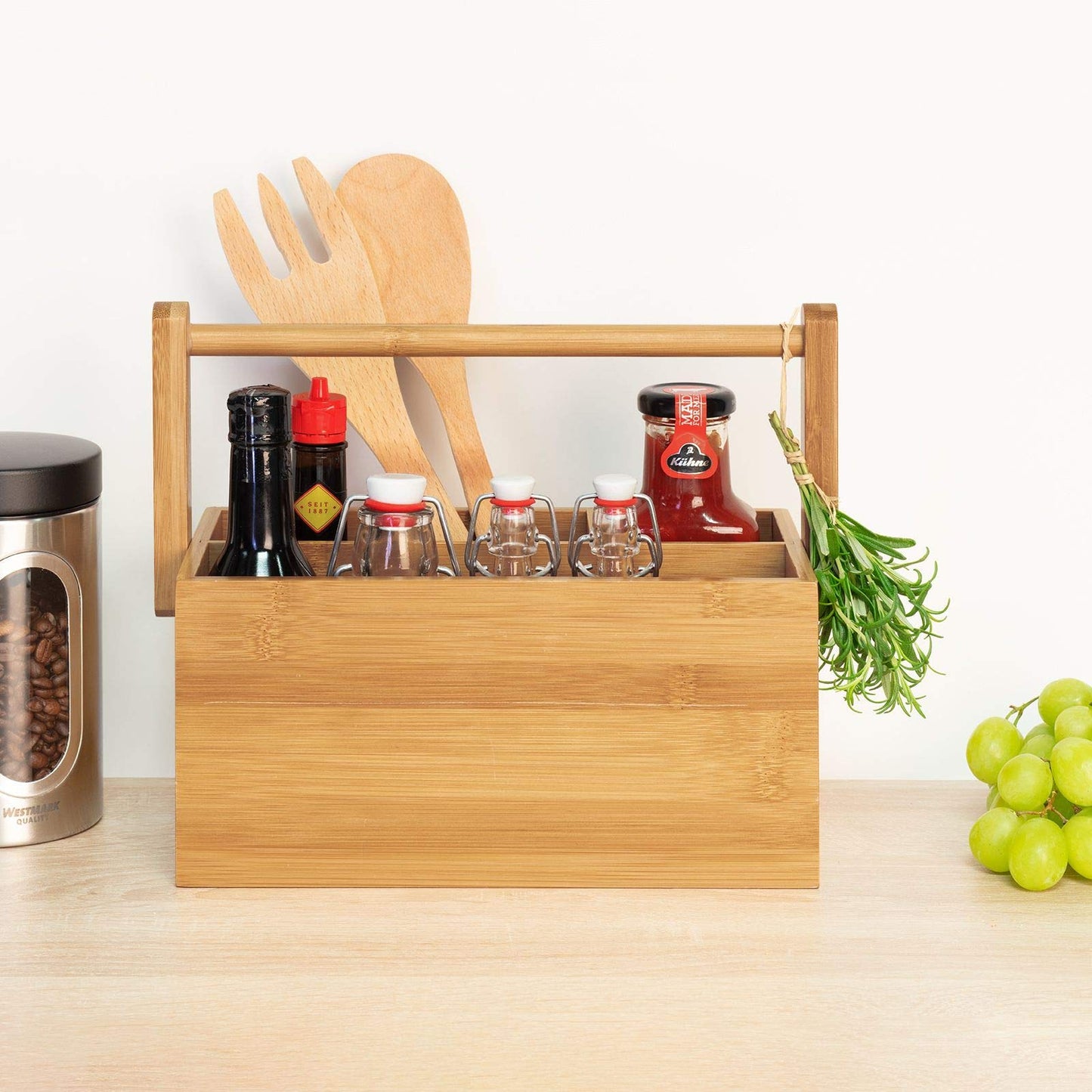 Westmark Küchen-Organizer/Tischbutler, 4 Fächer, mit Tragegriff, Maße: 28 x 15 x 22 cm, Bambus, Tapas + Friends, Hellbraun, 69802270