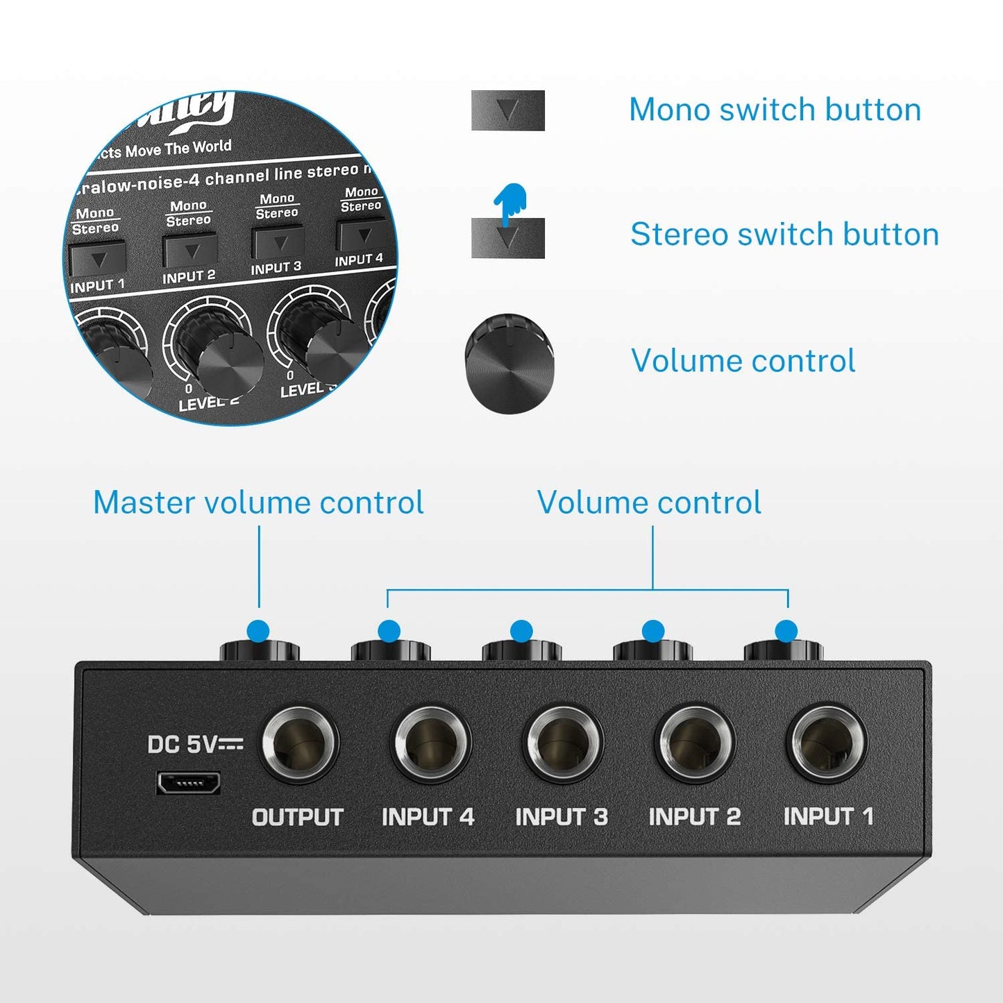 Moukey Kompaktes Studio Audio Stereo Mischpult, 4 Kanäle für Clubs, Bars, Bühnen, Mischpult, Gitarre, Bass, Keyboard, MAMX1