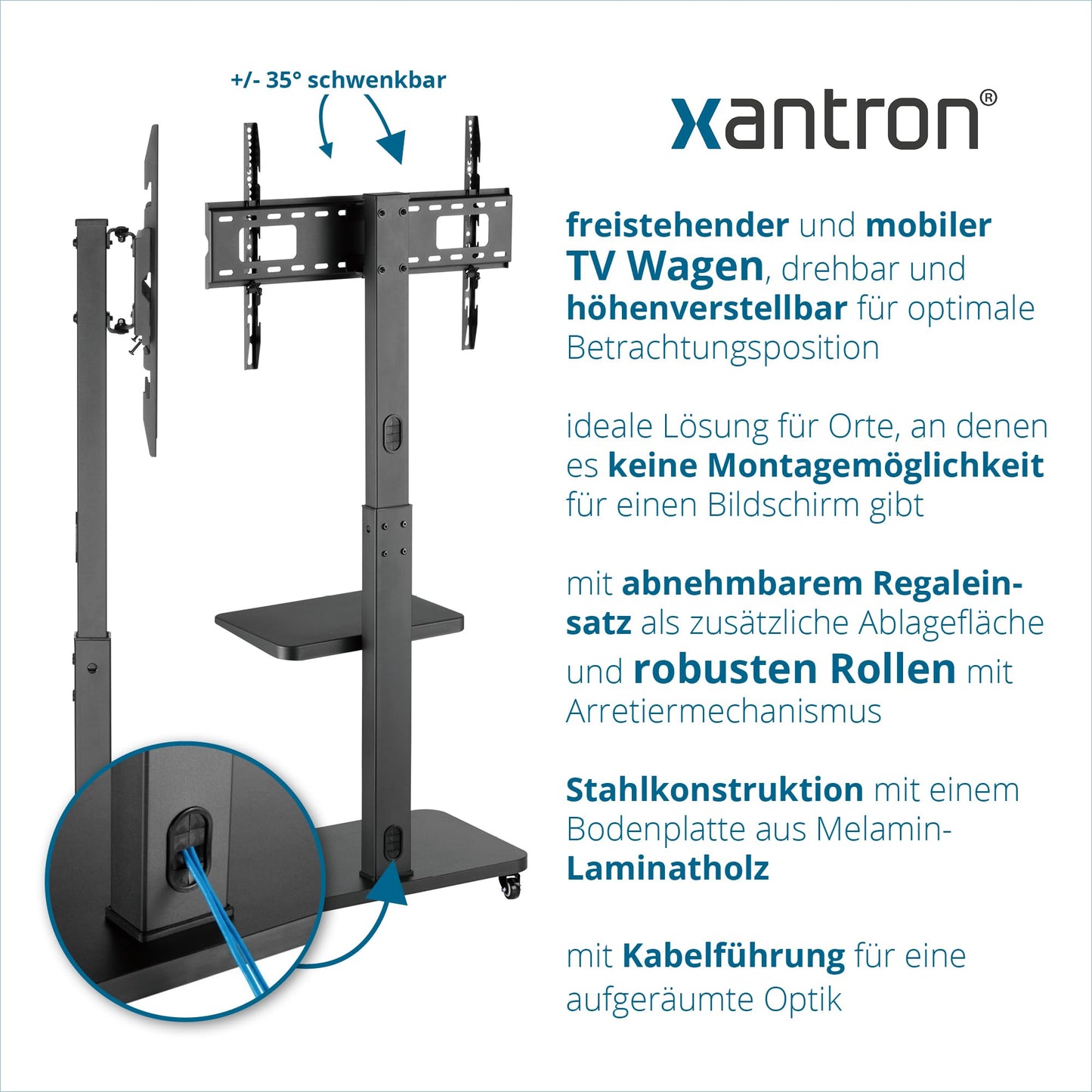 Xantron® TV Ständer Rollbar Höhenverstellbar für TVs bis 75 Zoll [mit Ablagefläche] Fernsehständer mit Rollen/Fernseher Bodenständer/Fernseher Halterung stehend/TV Rollwagen