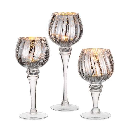Nuptio Teelichthalter Glas 3 Stück Große Quecksilber Teelichter Kerzenständer Große Silberne Kerze Halter Glas Langen Stamm Säule Tisch Tafelaufsatz für Hochzeit Partei Weihnachten Mantel