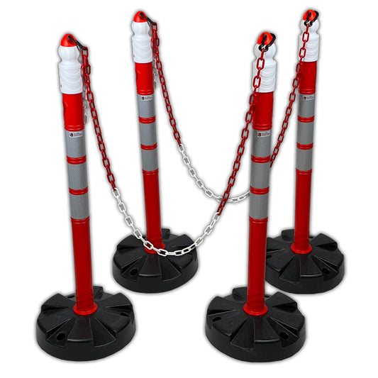 UvV Quad (4 Stück) Kettenpfosten + 10 m Absperrkette 6mm (rot-weiß) Kettenständer Absperrpfosten, Ø63 x 1000mm, Fußplatte ca. 4,5 kg, 3 Reflexfolien