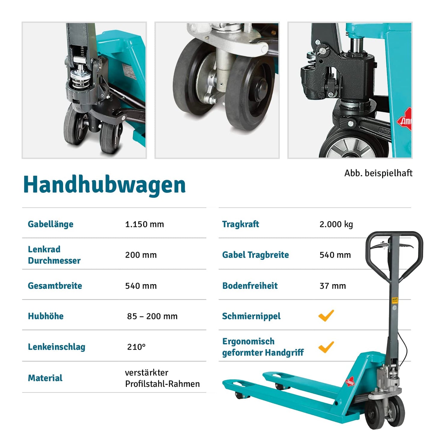 Ameise Handhubwagen PTM 2.0 | 2.000 kg Tragkraft | 1.150 mm Gabellänge | Lenkrad aus Vollgummi | Einfach-Gabelrollen aus robustem Polyurethan | Palettenhubwagen | Gabelhubwagen | Hubwagen