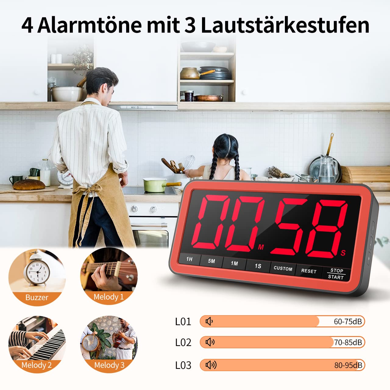 VOCOO Extra große Digitale Zeitschaltuhr: 19,8 cm LED-Bildschirm, starker Magnet, 3 Helligkeit, 4 Alarmtöne, 4 Lautstärken, Countdown Timer für Küche, Klassenzimmer, Fitnessstudio (Schwarz+Orange)