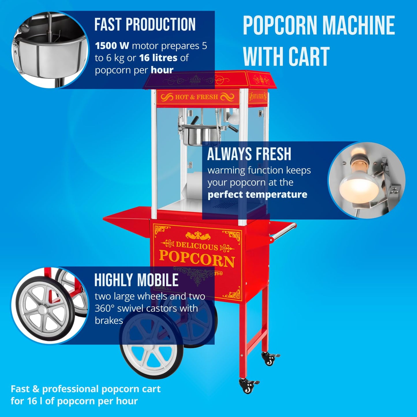 Royal Catering RCPW-16.3 Popcornmaschine Popcornmaker mit Wagen (1500 W, 5 kg/h 16 l/h, Topfbeschichtung Teflon) Retro Rot