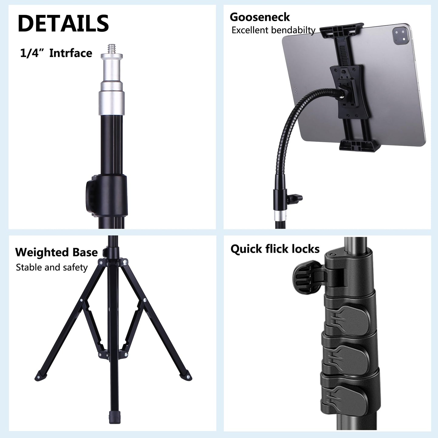 Peastrex Ipad und Telefon Stativ 73" Schwanenhals Tablet Bodenständer Halterung mit Fernbedienung für 3,5 bis 15in Tablets iPhones, iPad Pro Air Mini 12,9 11 10,5, Galaxy Tab S9 Ultra 14,6", Surface