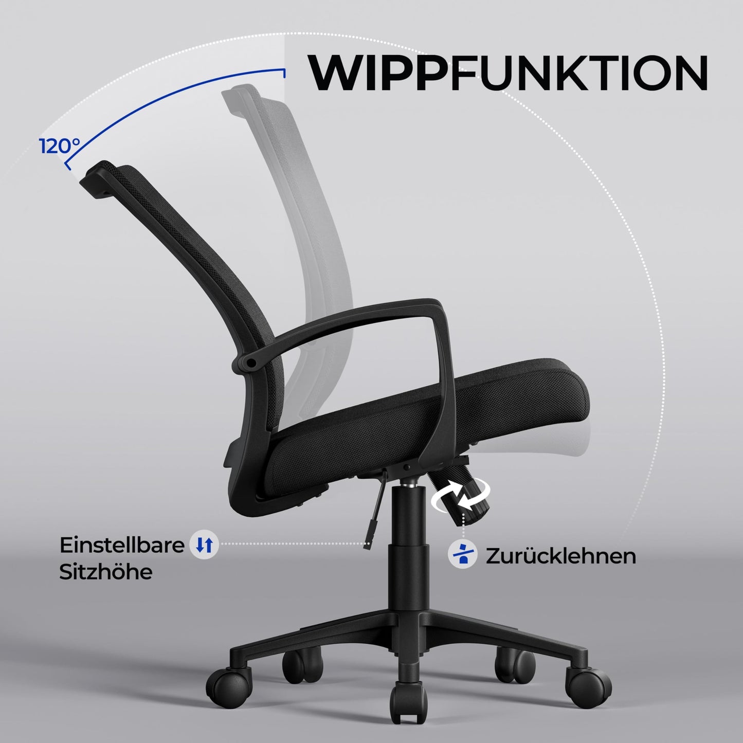 Yaheetech Bürostuhl Ergonomisch, Schreibtischstuhl mit Netzbespannung, Arbeitsstuhl mit Armlehnen, Chefsessel aus Mesh, höhenverstellbarer Computerstuhl 136 kg, atmungsaktiv, Wippfunktion Schwarz