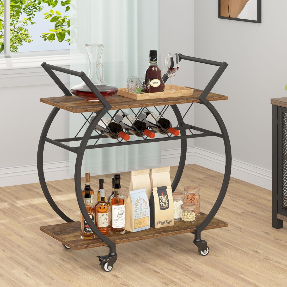 Mudmasa Servierwagen mit Rollen, Küchenrollwagen mit Weinflaschregalen, Mobiler Getränkewagen Barwagen mit Rädern für Küche, Esszimmer, Bar, Industrie, 76B x 40.5T x 84H cm, Vintagebraun-Schwarz