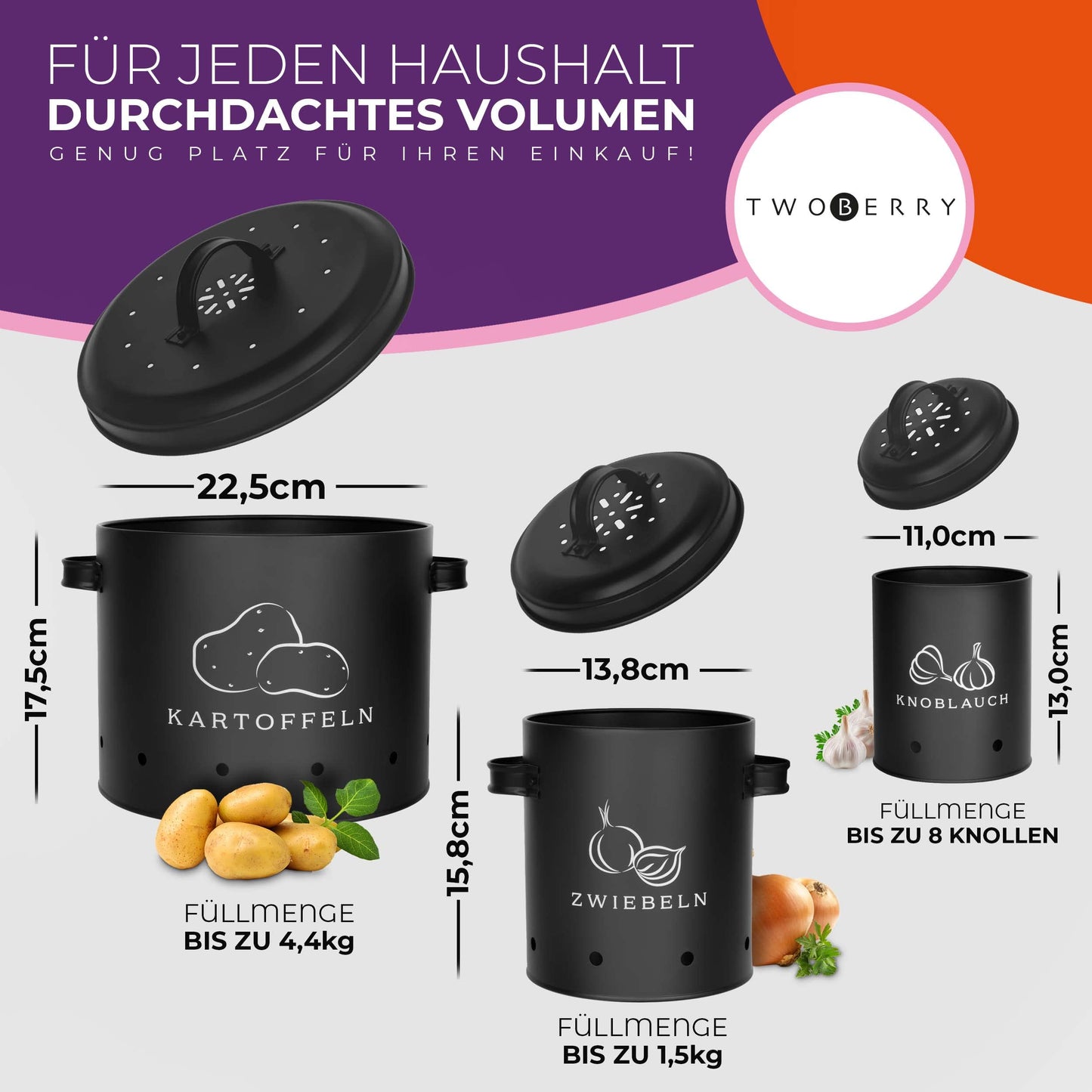 TWOBERRY Kartoffel Aufbewahrungsbox [3er Set] inkl. Sparschäler- längere Haltbarkeit durch 360° Luftzirkulation - Zwiebel , & Knoblauch Aufbewahrung Küche