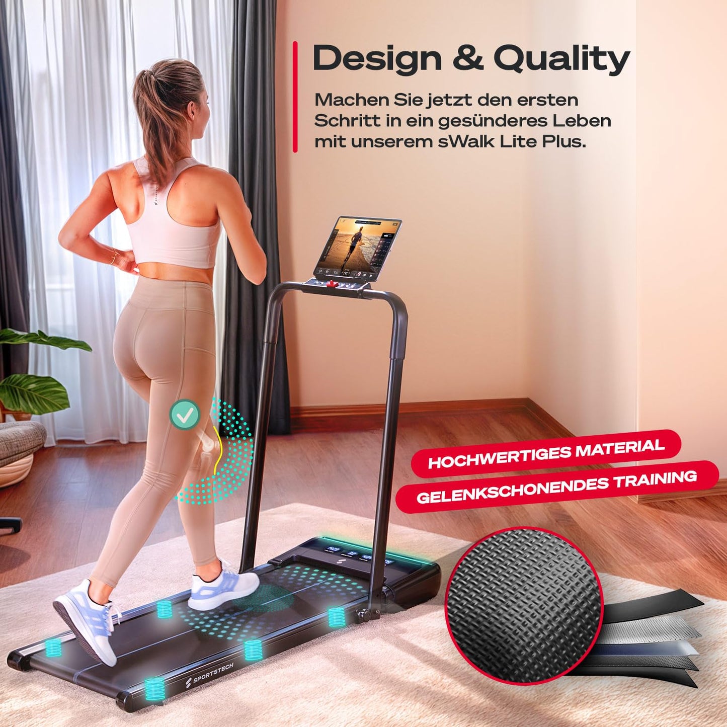Sportstech Laufband Walking Pad für Zuhause, mit manueller Steigung, Walking Pad bis 6 km/h, Treadmill bis 12km/h, App, Fernbedienung, kompakt, Home Office (sWalk lite Plus)