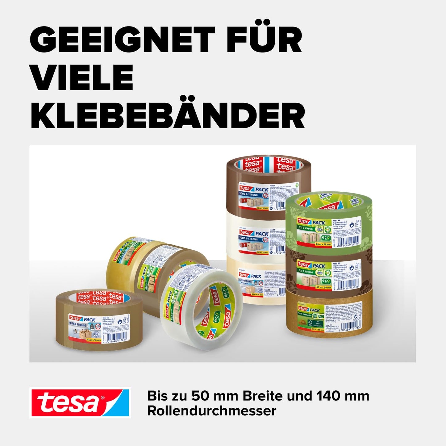 tesa Paketband-Abroller und tesapack Paketbänder im Set - 2 x hochwertiges Packband inklusive 1 Abroller - Transparent - 66 m x 50 mm