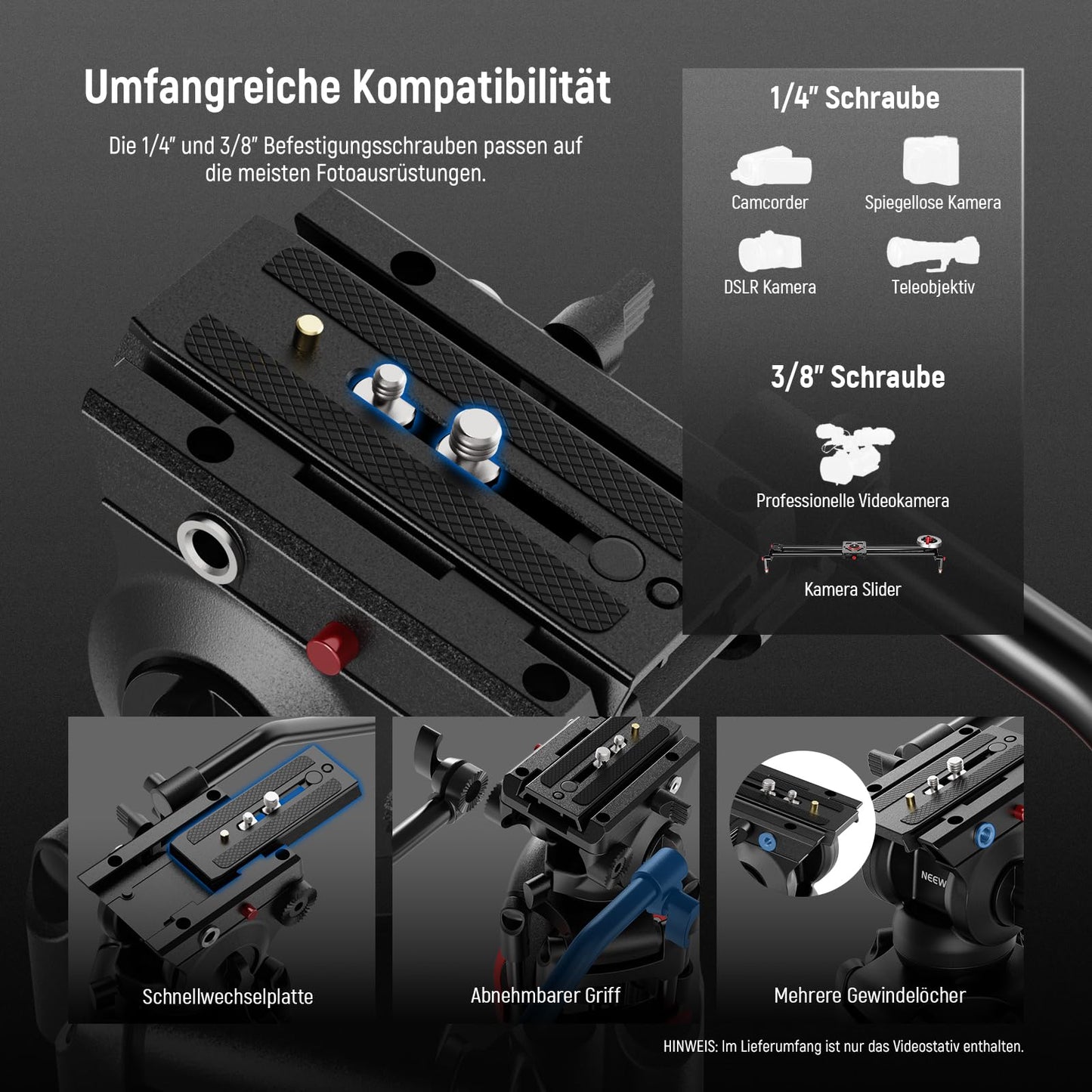 NEEWER Basic 74“ Videostativ mit Fluidkopf [Basisversion], Metall Kamerastativ mit sanfter Reibungsdämpfung, Mittelspinne, Schnellwechselplatte kompatibel mit 501, maximale Belastung 17,6lb, TP37