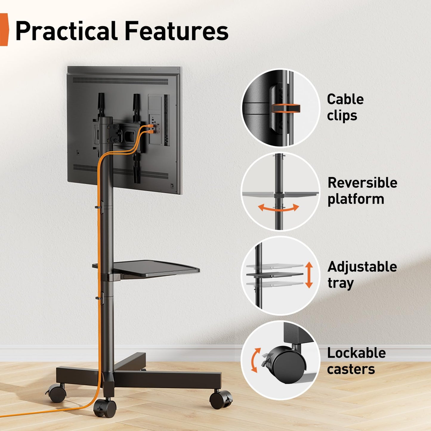 Perlegear TV Ständer Rollbar, Mobiler TV Ständer mit Rollen für 23–60 Zoll LCD/LED Fernseher TV Rollwagen mit Tablett Höhenverstellbar & Stabil Home Display TV Trolley bis 40kg, Max. VESA 400x400mm