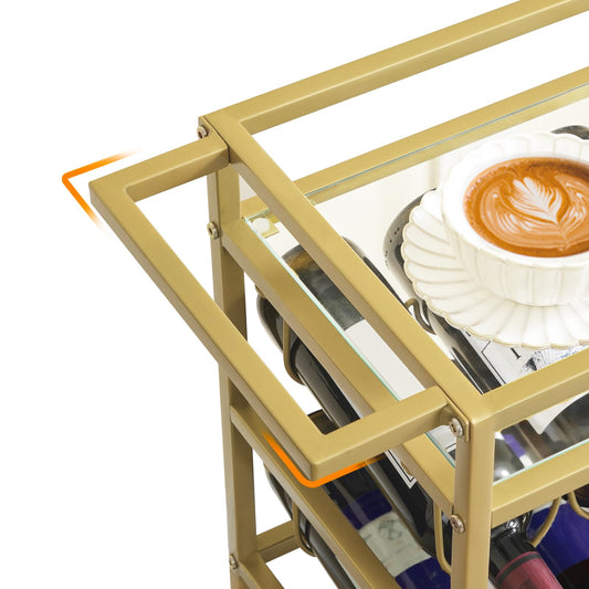 MAHANCRIS Servierwagen mit Rollen, Barwagen mit 3 Etagen und Griff, Küchenwagen, Getränkewagen mit Glas- und Flaschenhaltern, Weinwagen für Küche, Bar, Esszimmer, Gold ARCJ61B01