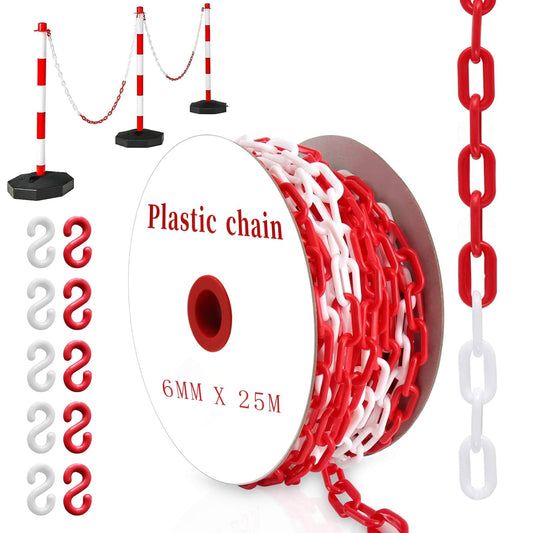 YUJUVI Absperrkette Kunststoffkette 25M Warnkette 6mm Plastikkette Kunststoff kette mit 10 Karabinern für Barrieren in Auffahrten zum Absperren von Flächen Gut Sichtbar (Rote Weiße, 25M)
