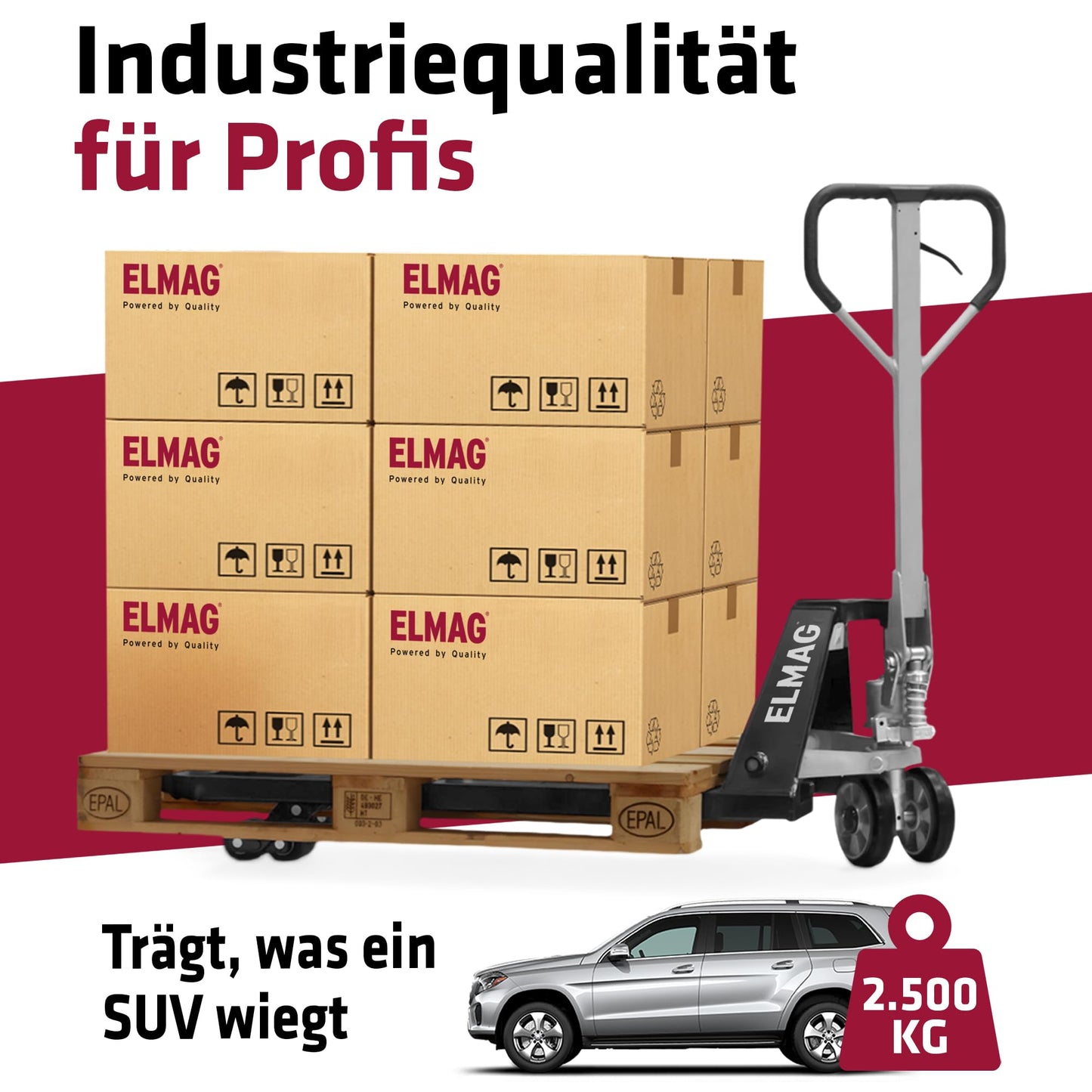 Elmag Handhubwagen HW 2500 – Hubwagen mit 2500 kg Tragkraft, 1150 mm Gabellänge, 540 mm Gabelbreite – Palettenwagen mit Gummirädern & Polyurethan-Tandemrollen – Gabelhubwagen für mühelosen Transport