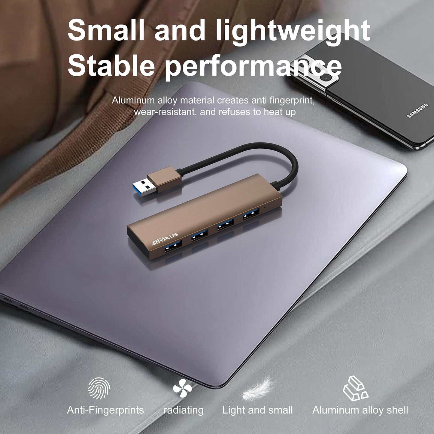 ANYPLUS USB Hub 3.0, USB Verteiler Aluminiumlegierung Ultra Slim USB Splitter, Tragbarer 4 Port USB-Hubs, USB Mehrfachstecker für Laptop, PC, iMac, Mac Pro,Surface Pro, MacBook, Flash Drive【Braun】
