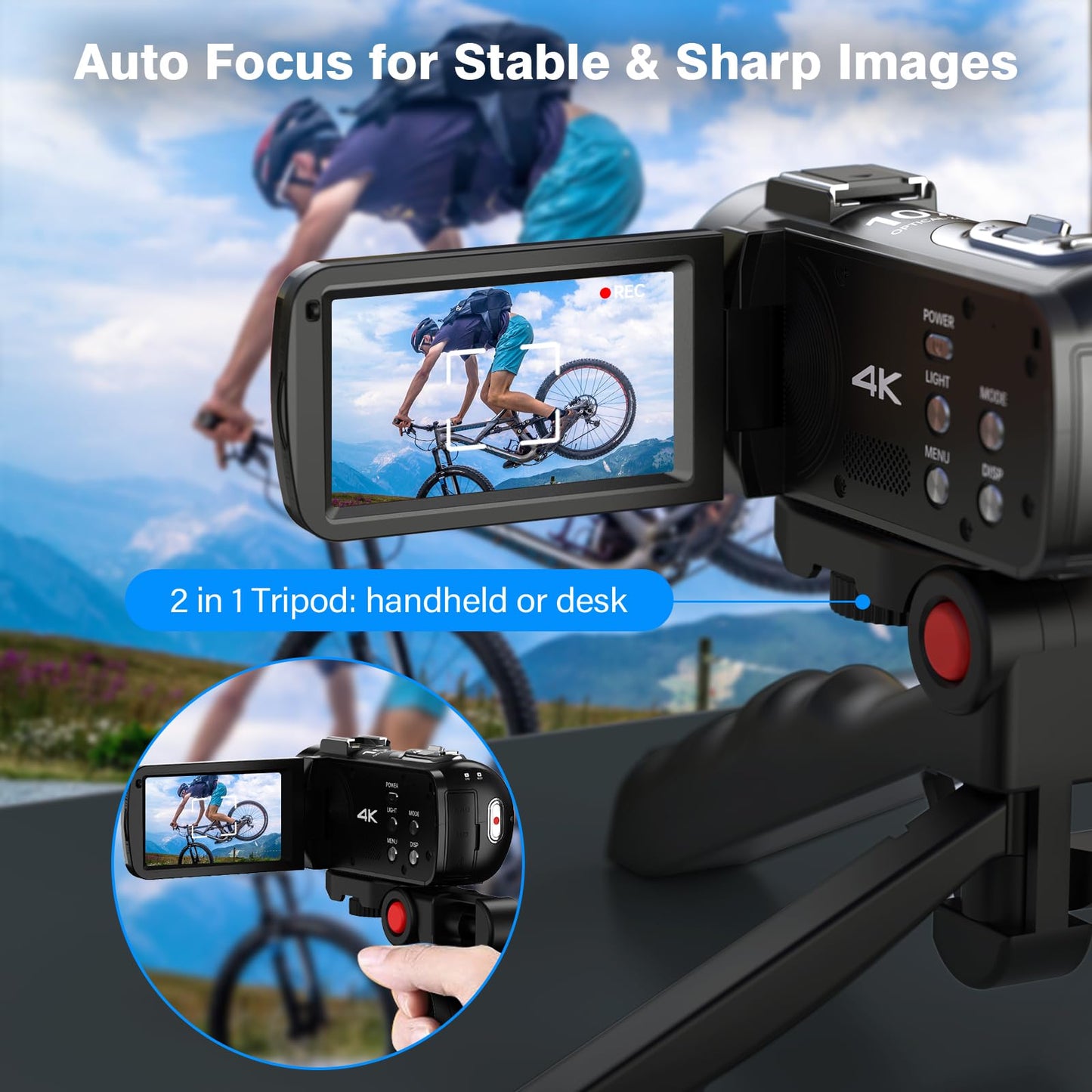 4K Videokamera Camcorder, 10X Optischer 120X Intelligenter Zoom Vlogging Kamera, 30 MP Autofokus Webcam Camera mit Stativ, 3,0-Zoll-IPS-Touchscreen, Mikrofon, 32 GB SD Karte, 2 Batterien für YouTube