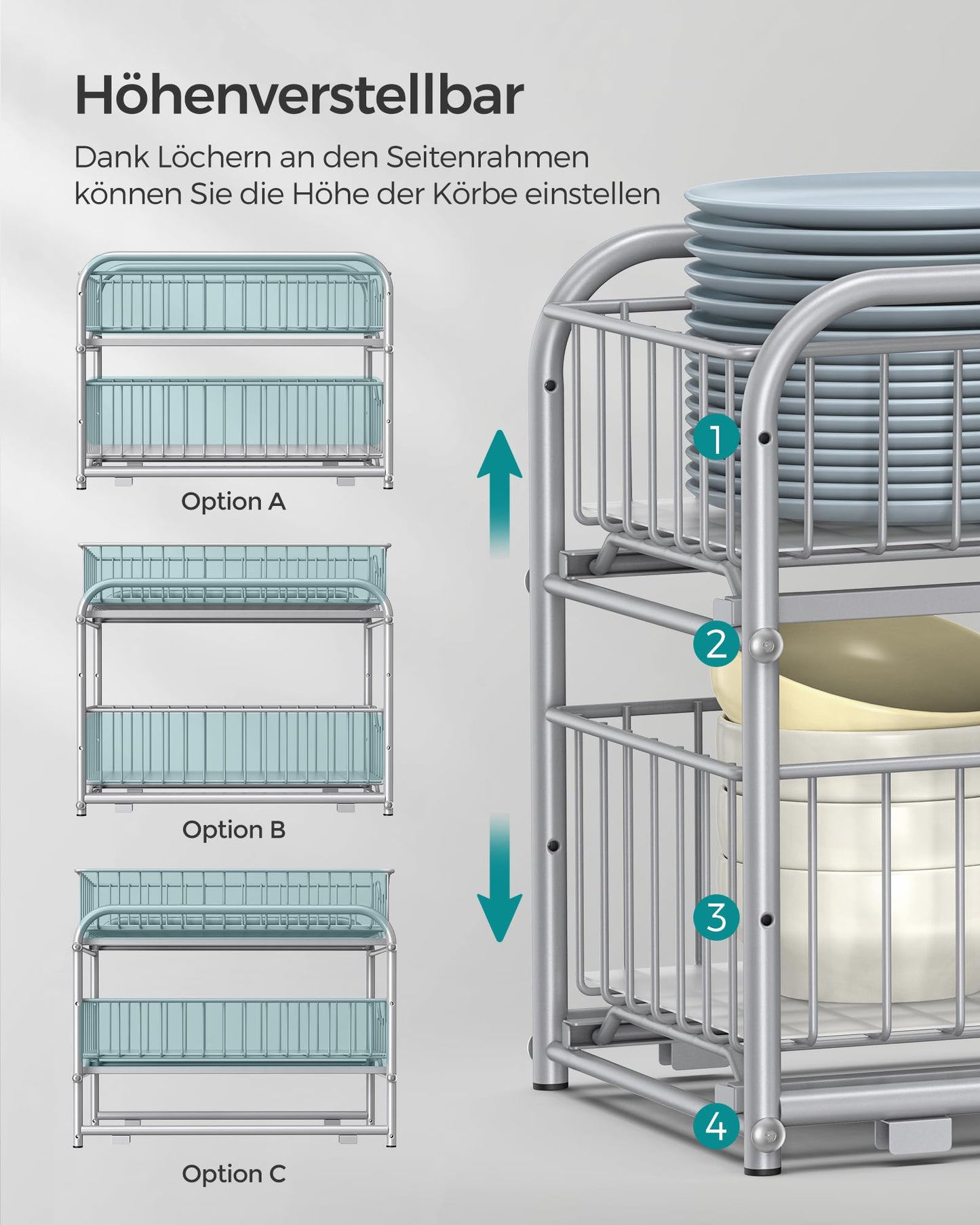 SONGMICS Küchenschrank Organizer, Küchenregal, Ordnungssystem, 2 Ebenen, stapelbar, erweiterbar, mit Metallkörben, für Küche, metallisches Silber KCS017E01