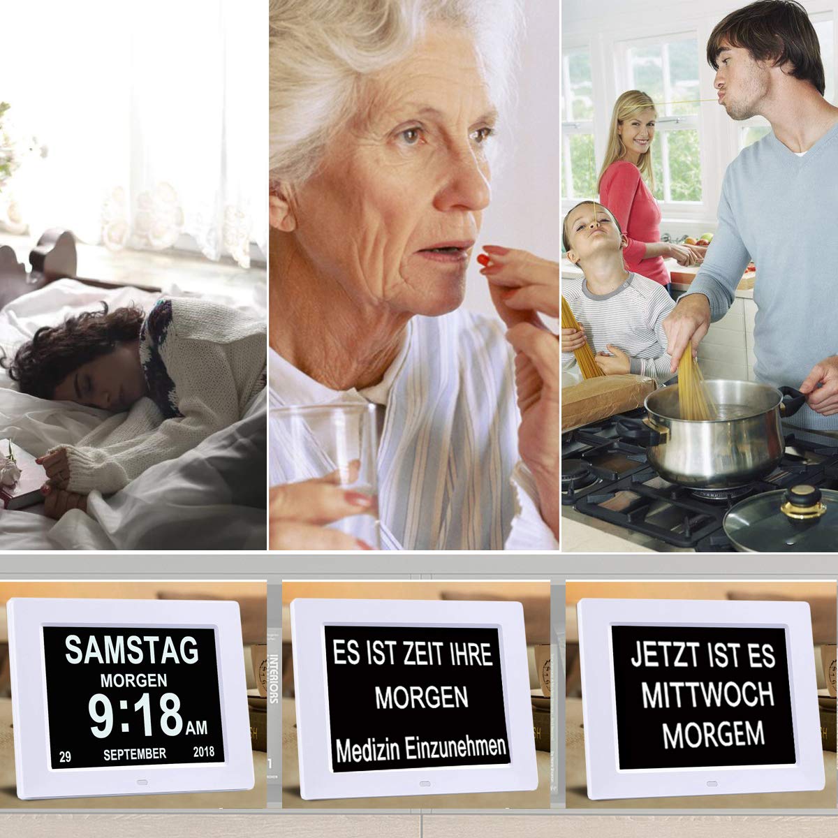 SENXINGYAN 8" Digital Wecker,Digitaler Kalender Tag Uhr Für Demenz sehschwachen Gelesen Werden,Kinder, Senioren, Sehschwache und Alzheimer Patienten (Weiß)
