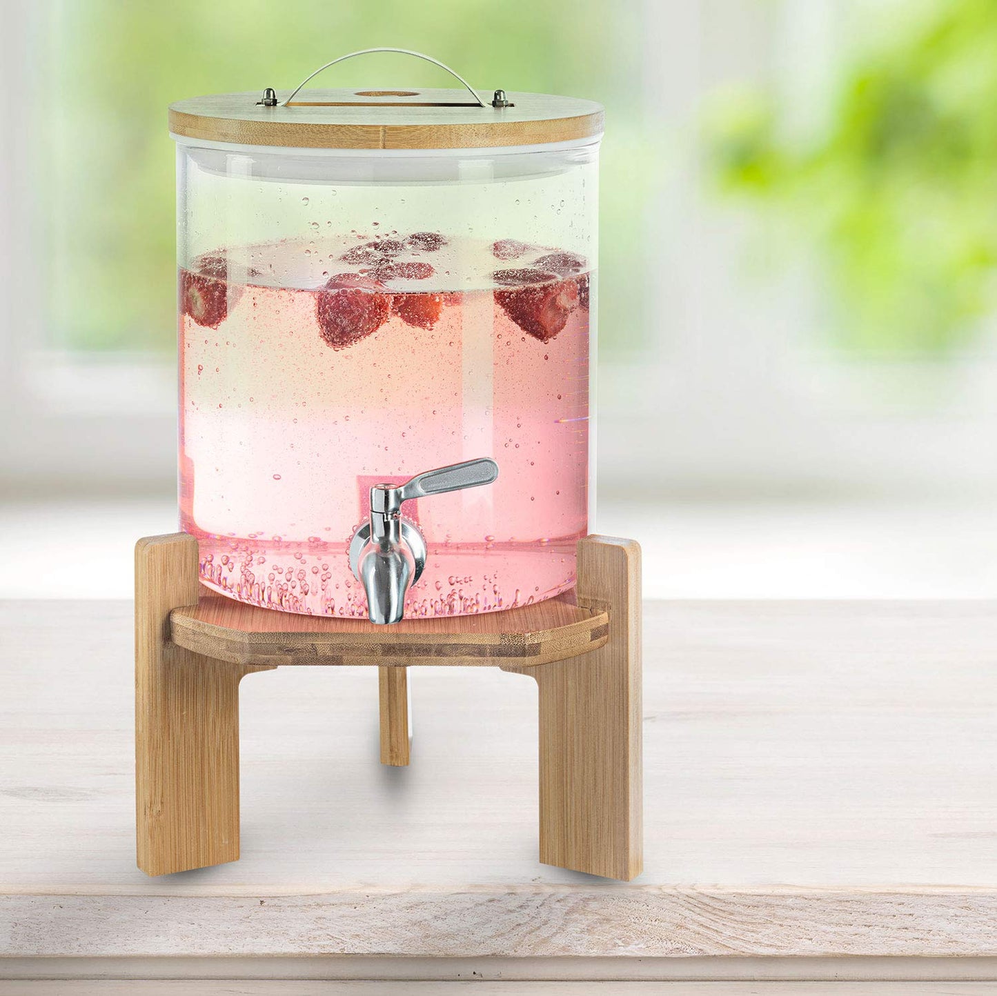 Getränkespender mit tropfsicheren Zapfhahn aus Edelstahl Wasserspender aus Glas mit Bambus Ständer und Deckel Limonadenspender aus hitzebeständigen Borasilikatglas (5 Liter)