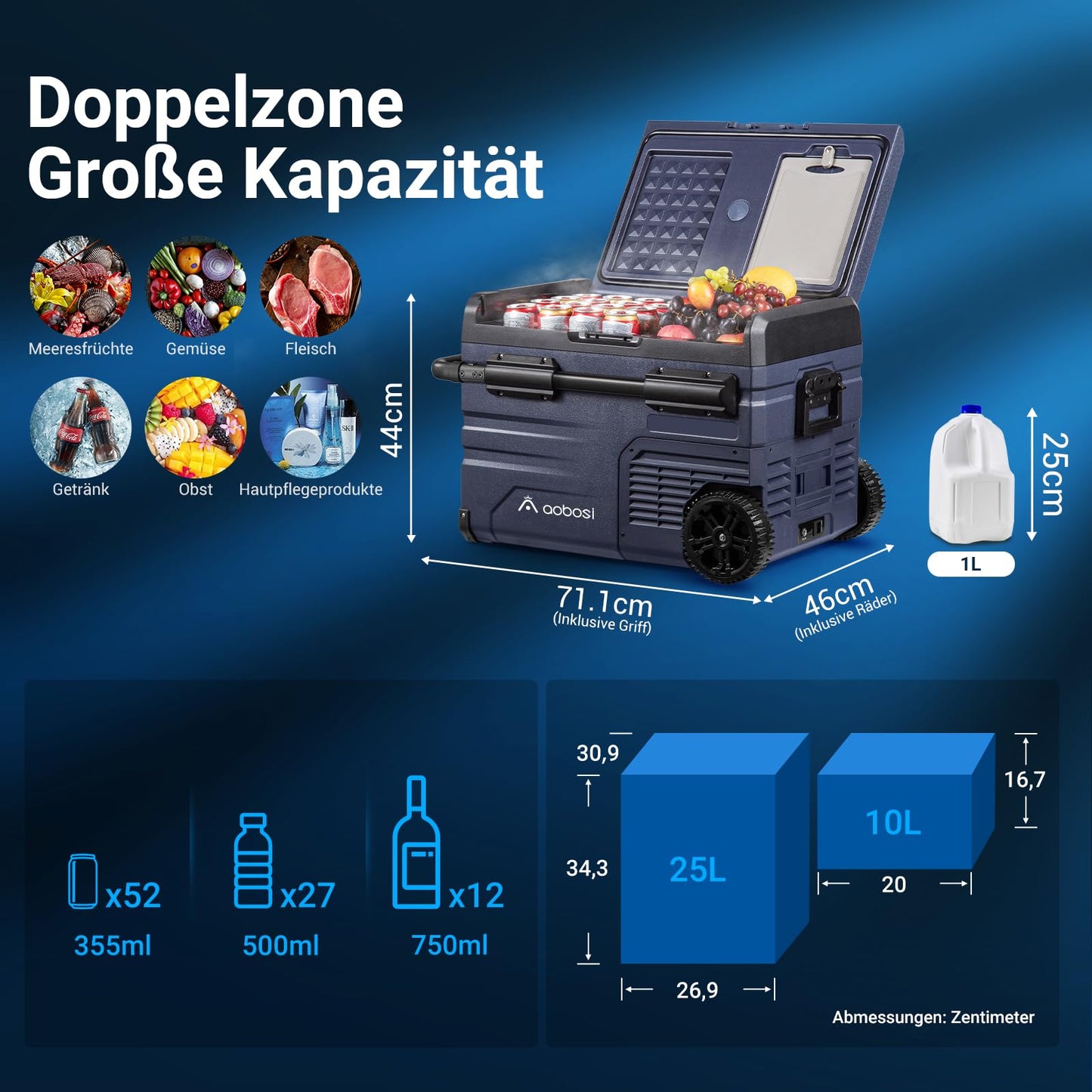 AAOBOSI 35 L Kompressor Kühlbox Dual Zone, Kühlbox Auto Mit WIFI-APP-Steuerung USB-Anschluss, 12/24 V und 100-240 V Kühlbox bis -20 °C für Auto, Lkw, Boot, Reisemobil,Camping