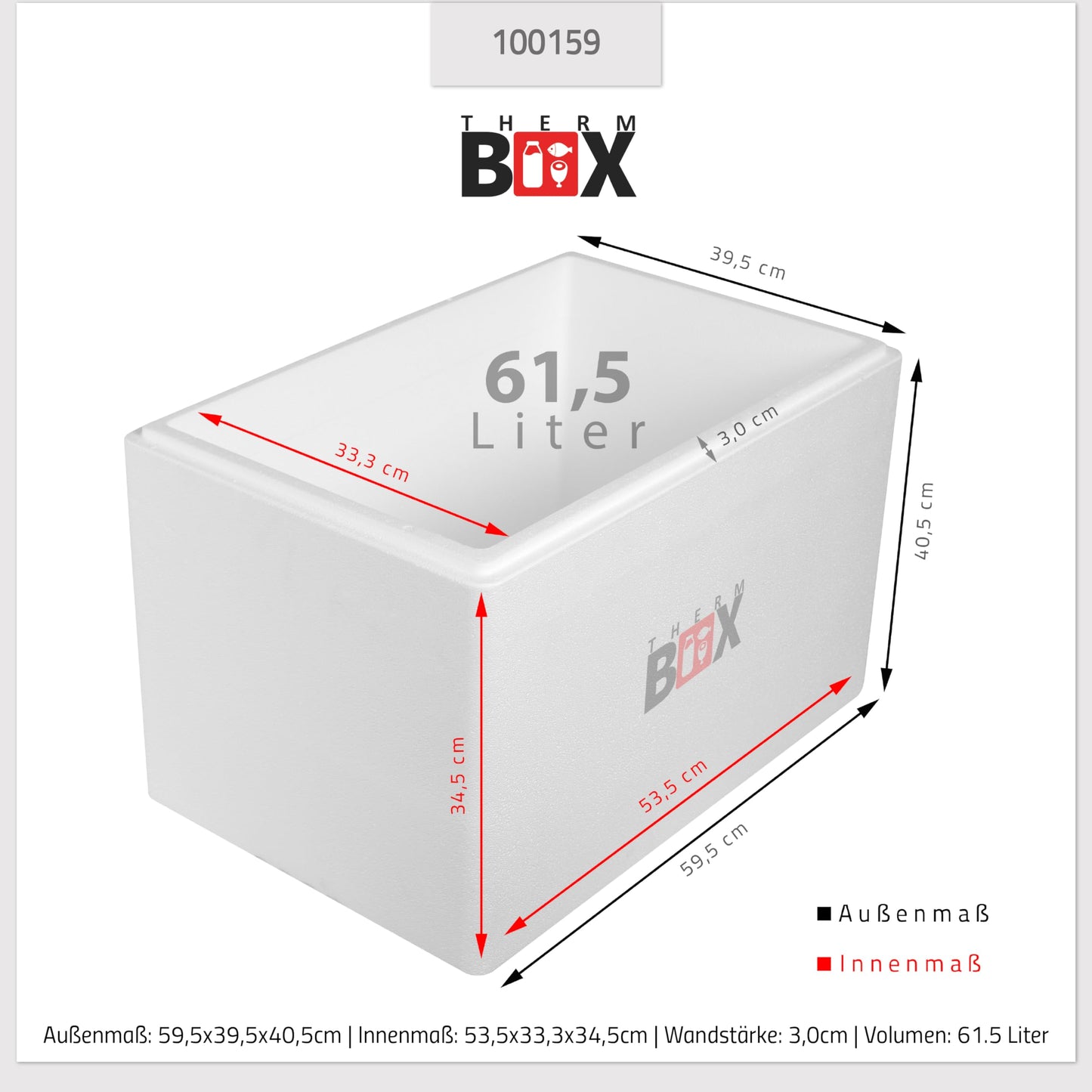 THERM BOX Styroporbox 61W 53x33x34cm Wand 3cm Volumen 61,5L Isolierbox Thermobox Kühlbox Warmhaltebox Wiederverwendbar