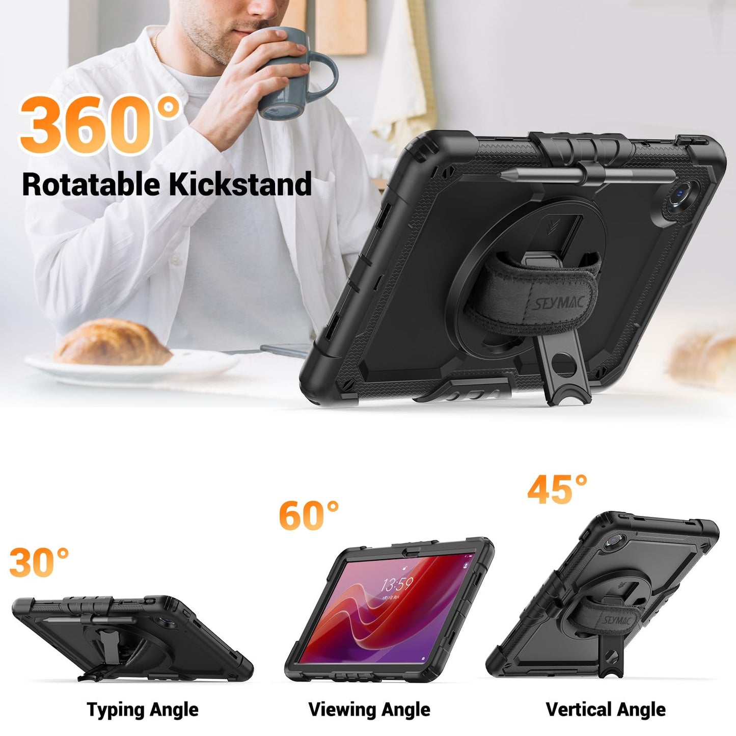 SEYMAC Hülle für Lenovo Tab M11 2024 (TB-330FU/TB-331FC), Stoßfeste für Lenovo Tab M11 Hülle mit Displayschutzfolie, 360° Drehbarer Ständer und Handschlaufe, Schultergurt, Stifthalter, Schwarz