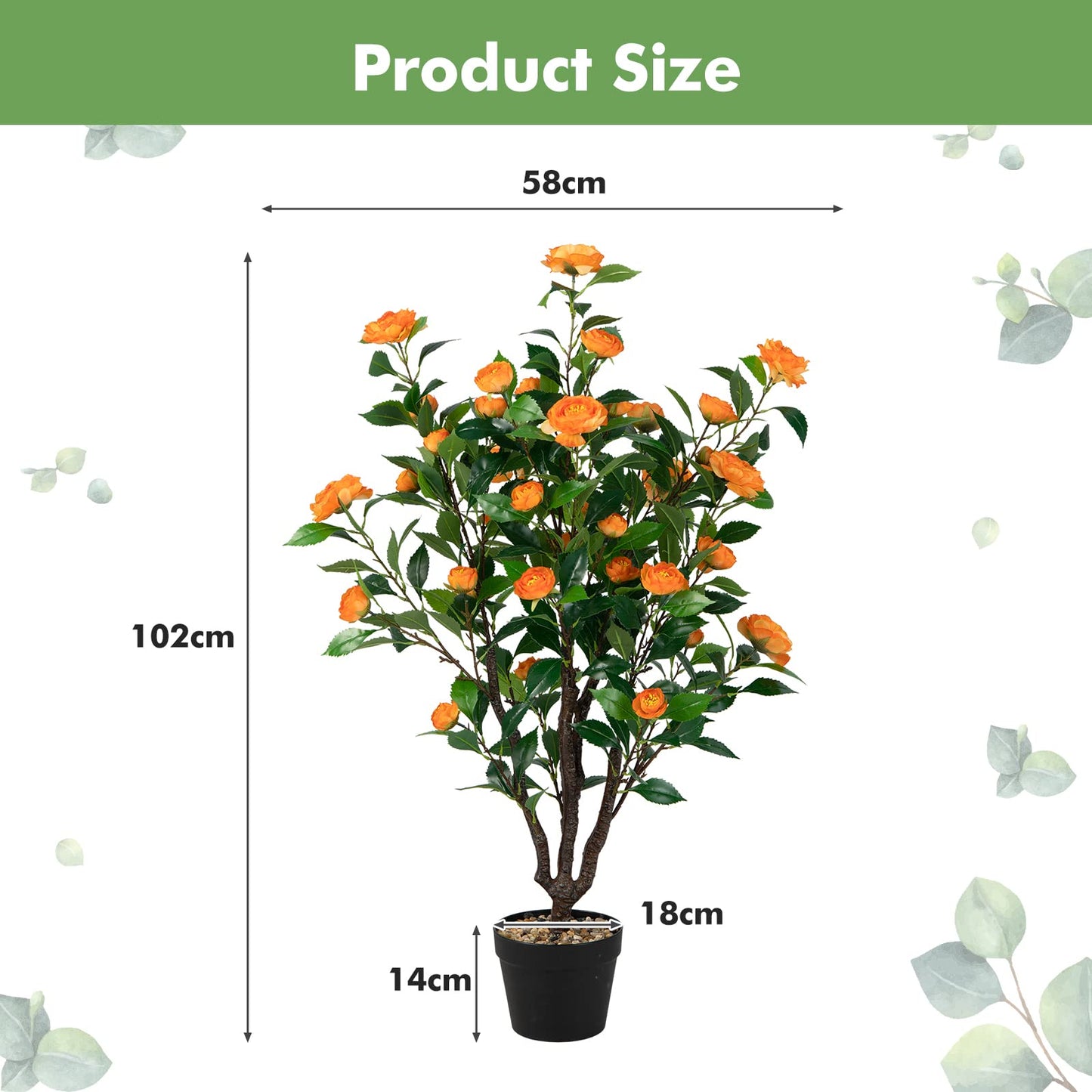 COSTWAY 100 cm Kunstbaum mit Blüten, Künstlicher Kamelienbaum, Kunstpflanze im Topf, Kamelienpflanze mit 37 Blüten und natürlicher Stamm, Kunstblume für Zuhause Büro, Zimmerpflanze Dekopflanze