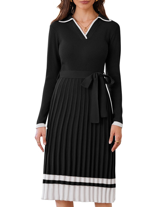 Damen Strickkleid Langarm Kleider Pulloverkleid A-Linie Plissiertes Jumper Kleid Tunika Kleid mit Gürtel Schwarz M