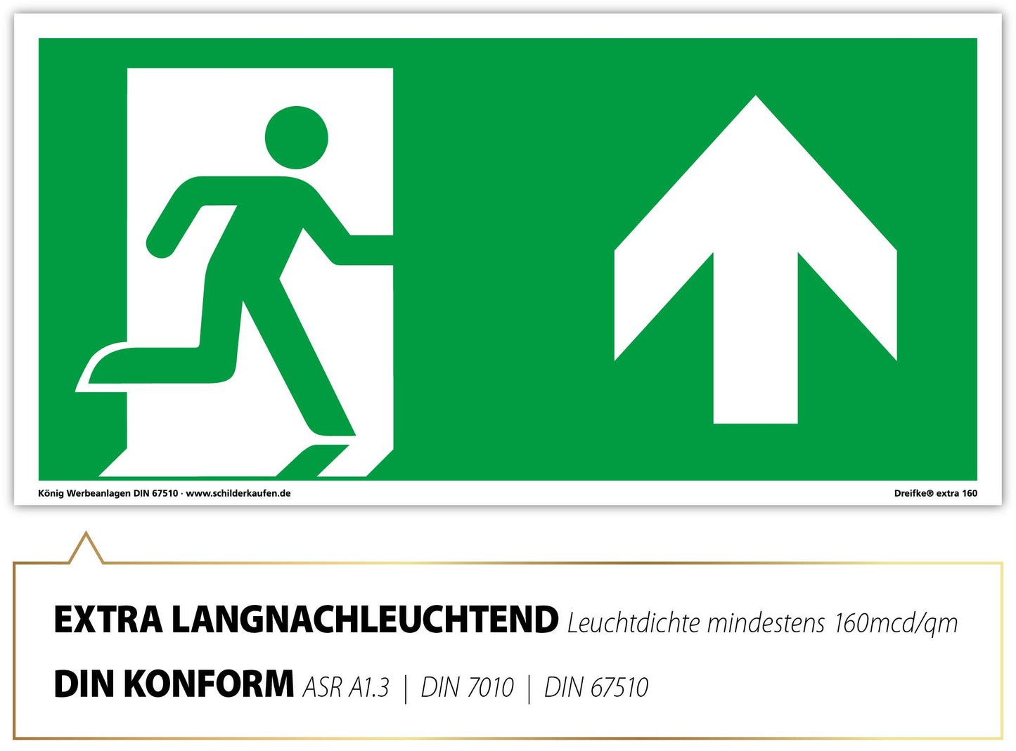 Schild Notausgang | extra langnachleuchtend | PVC selbstklebend 297x148mm | gemäß ASR A1.3 DIN 7010 DIN 67510 | Notausgangsschild rechts aufwärts geradeaus| Fluchtweg Rettungsweg | Dreifke® extra 160