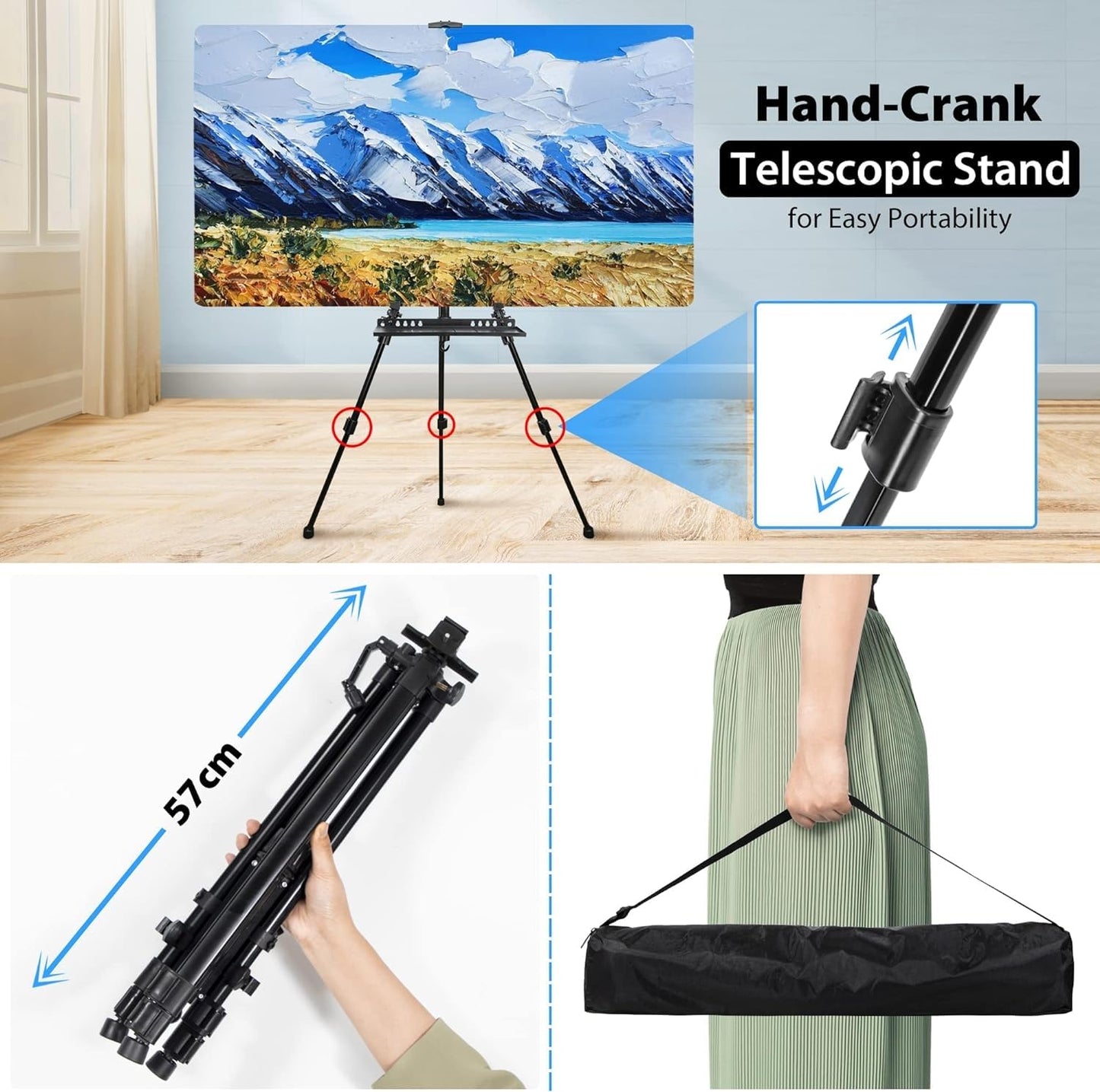 VAIIGO Staffelei groß L 52-162cm, Atelierstaffelei, Künstler Staffelei, Verstellbare Staffelei, Feldstaffelei aus Aluminium mit Tasche/Fässer/Schürze, Stativ Staffelei für Kuntsmalerei und Werbung
