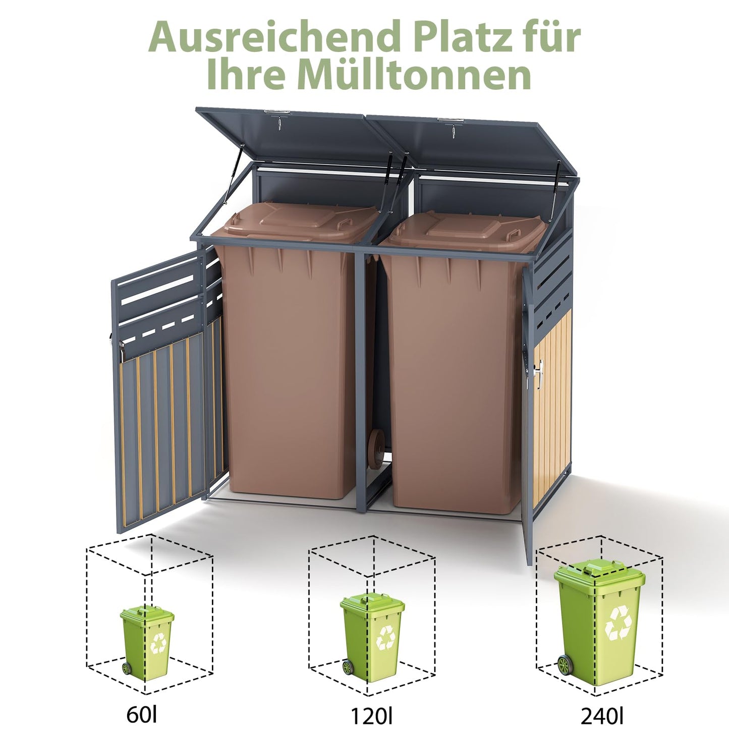 Youyijia Metallische Mülltonnenlagerung für 120-240 Liter, 142 x 85 x 130.5 cm, Holzmaserung Design, verzinktes Stahl-Müllschuppen, Außendeckel mit abschließbarer Tür für Garten und Hinterhof