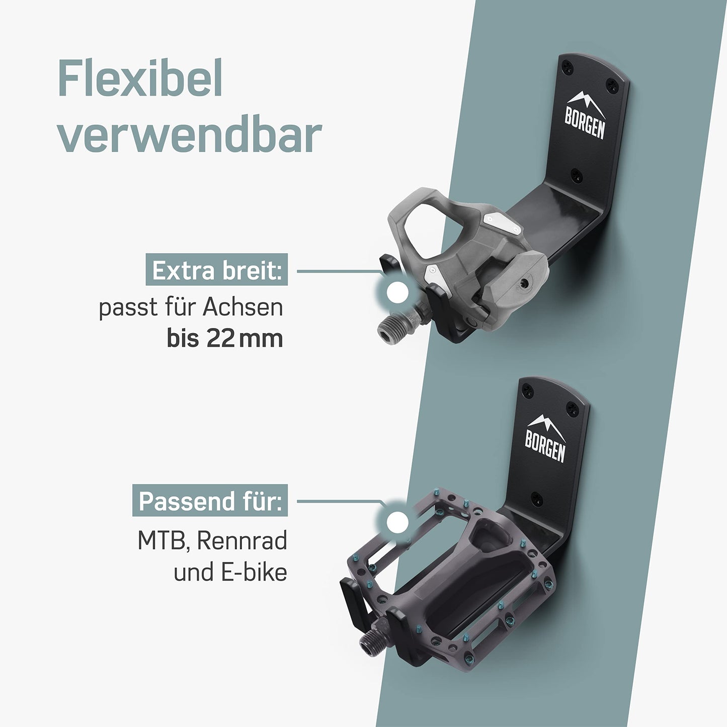 Borgen Fahrrad Wandhalterung mit 30 kg Tragkraft - 3er Set -Pedal Fahrradhalterung Wand für E-Bike, MTB und Rennrad