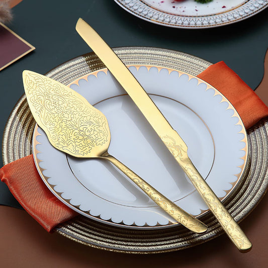 Berglander Gold Hochzeitstorte Messer und Servierset, Titan Vergoldung mit einzigartigem Muster Design Tortenmesser Servierset Perfekt für Hochzeit, Geburtstag, Partys