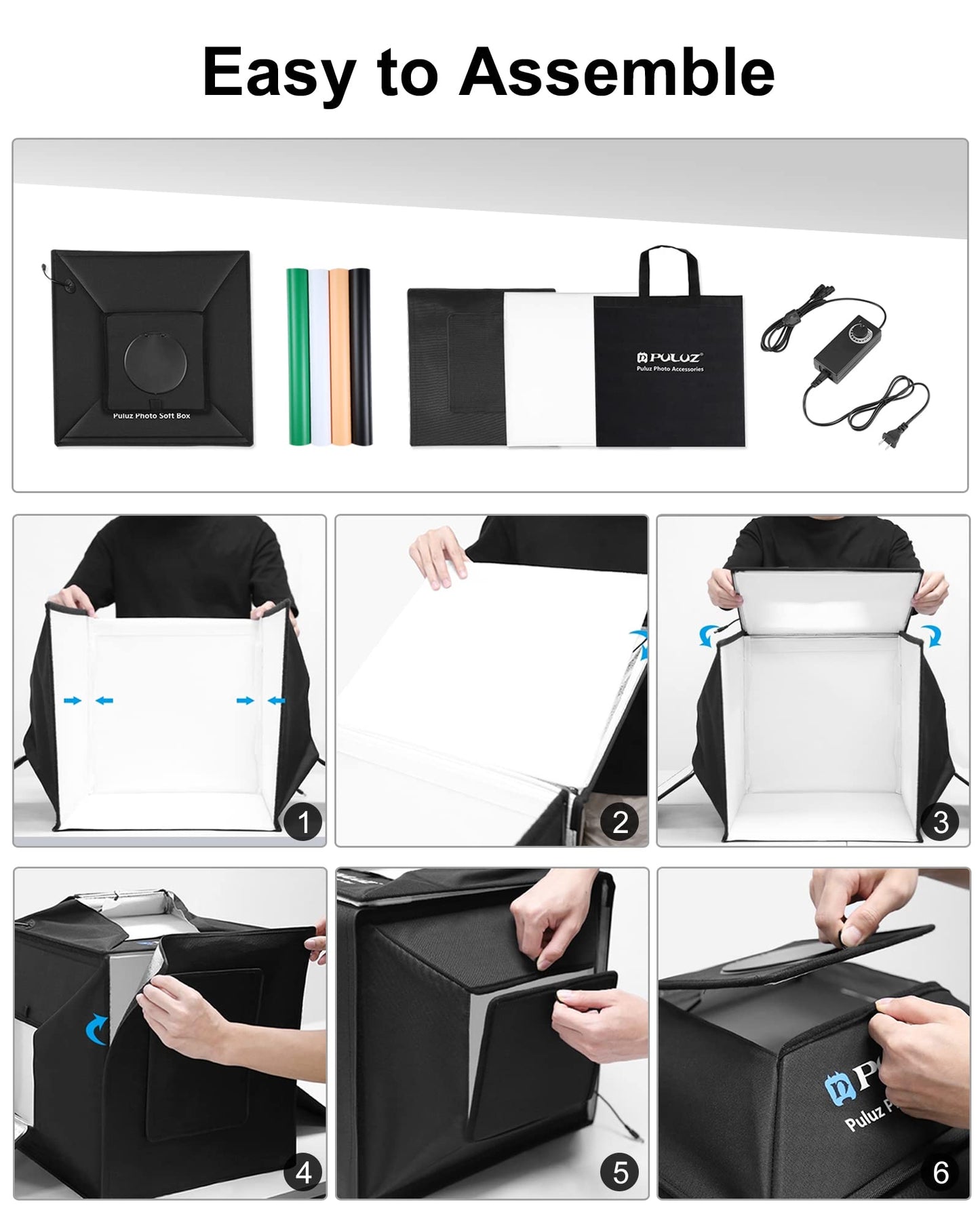 PULUZ Upgrade Fotozelt mit Beleuchtung 480 LED-Leuchten, Fotobox 40cm, Professionelles Fotobox mit 3 Leuchttafeln 5500K & 4 farbigen PVC-Hintergründen für Schmuck und Produktfotografie
