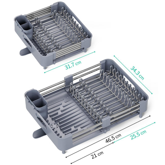 Kingrack Erweiterbares Abtropfgestell Geschirr, Abtropfgestell für Küchentheke, Faltbares Edelstahl Geschirrabtropfgestell mit Abnehmbarem Besteckhalter, Kratzfestem Teller-Gestell, Grau