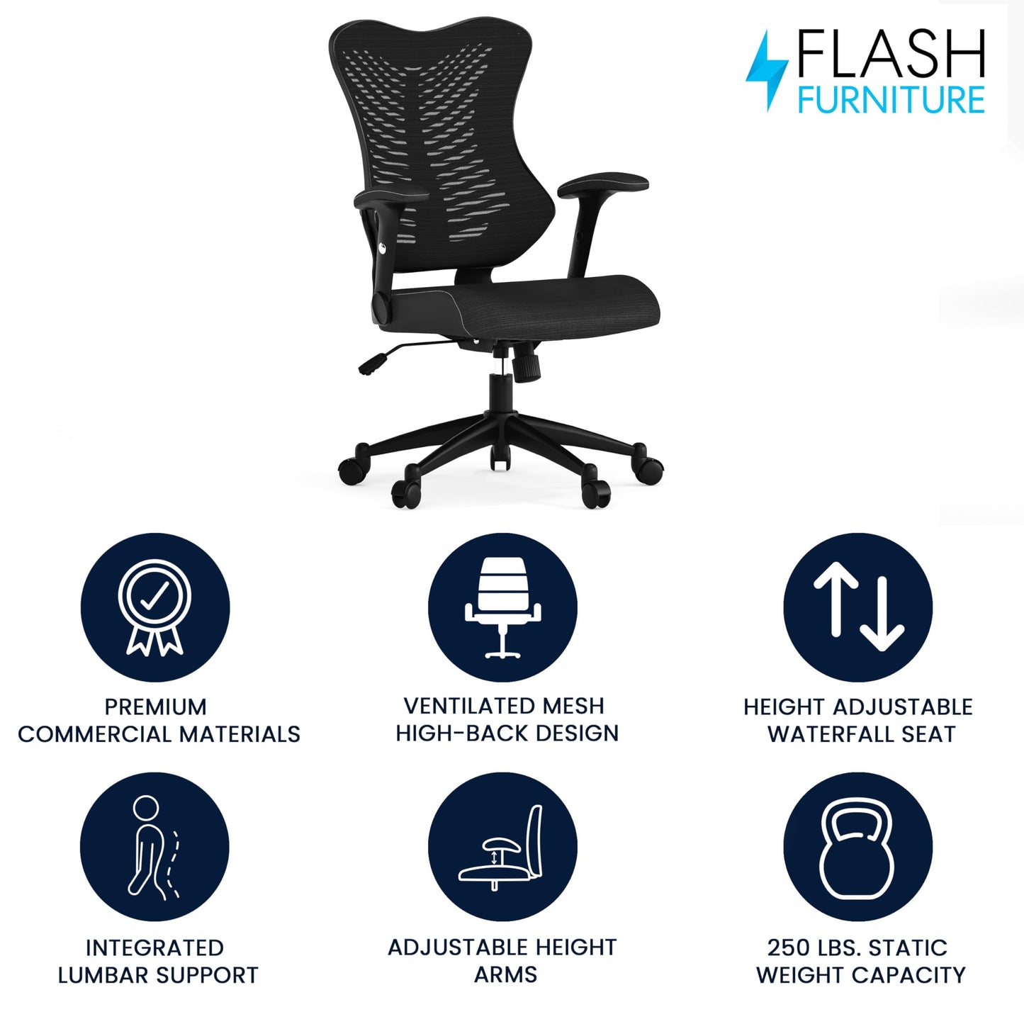 Flash Furniture Bürostuhl, ergonomisch, mit Netz-Rückenunterstützung, hoher Rückenlehne, höhenverstellbarem Sitz und feststellbarem Kipphebel, schwarz, 64 x 65 x 109 cm